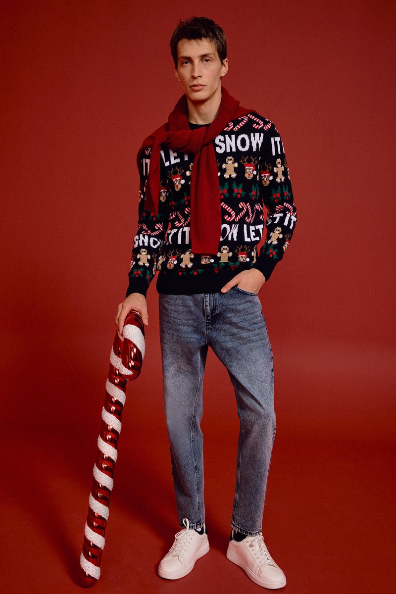 DeFacto Blue Man Christmas Themed Standard Fit Knit Pullover Casual - Image 2